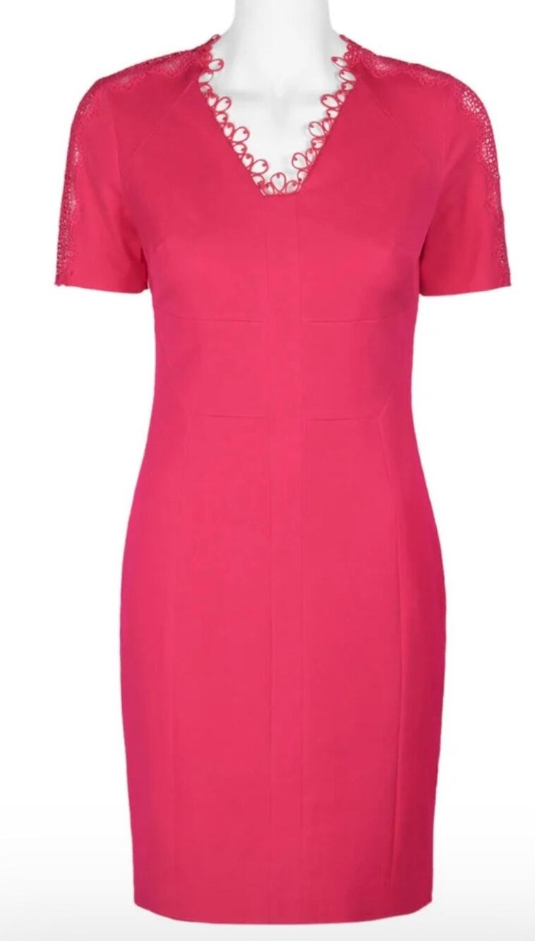 Elie Tahari Scalloped V-Neck Short Sleeve Zipper Back Lace Dress Pink Size 4